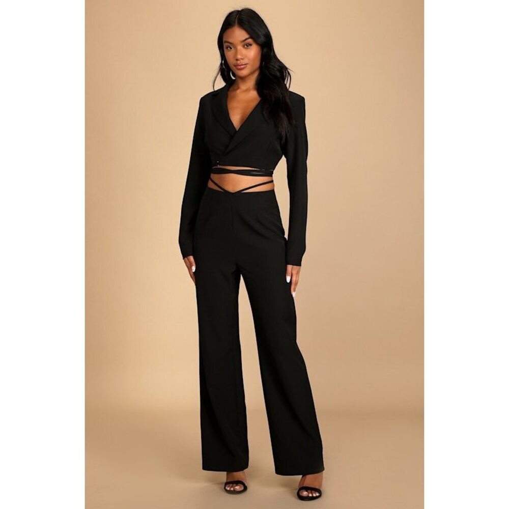 NWT Lulus Wrap Session Black Waist Wrap Wide-leg Pantsuit - Size S/M